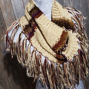 NEW Hand Knitted Beige Brown Purple Boho Cowl Scarf Fringe  Coastal Earthy Indie